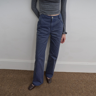 introutro法工蓝水洗复古翻边直筒裤百搭复古风中低腰通勤裤子女