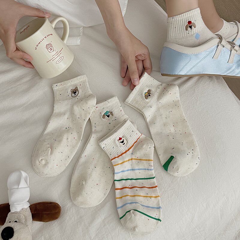 新品点子纱卡通刺绣小狗袜子女中筒袜春I夏季薄款纯棉白色运动短