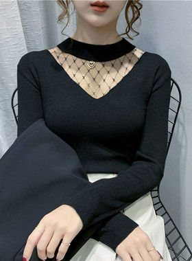 极速Sexy Mesh Stitching Knitwear DWomens Autumn Winter Long