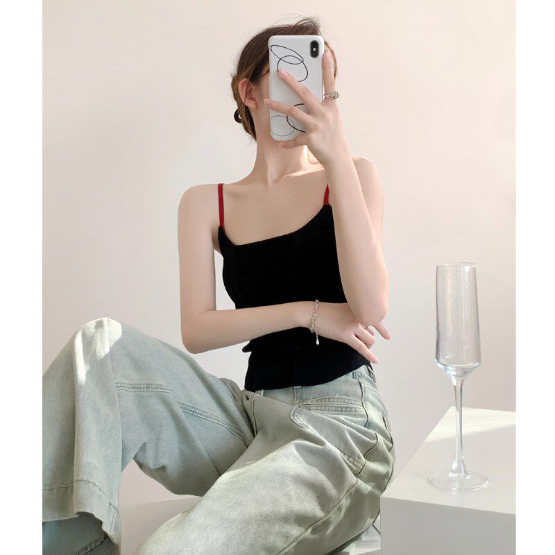 新品法式方领针织吊带背心女内搭2025I夏季黑色设计感修身抹胸无