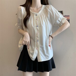法式 大码 泡泡短袖 女夏2025新款 胖mm显瘦宽松设Z计感娃娃 衬衫 新品