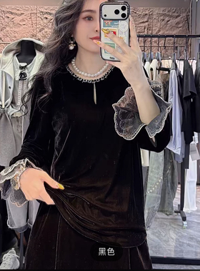 欧货时尚真丝绒蕾丝袖口重工宽松衬衣女2026春秋复古小衫显瘦上衣