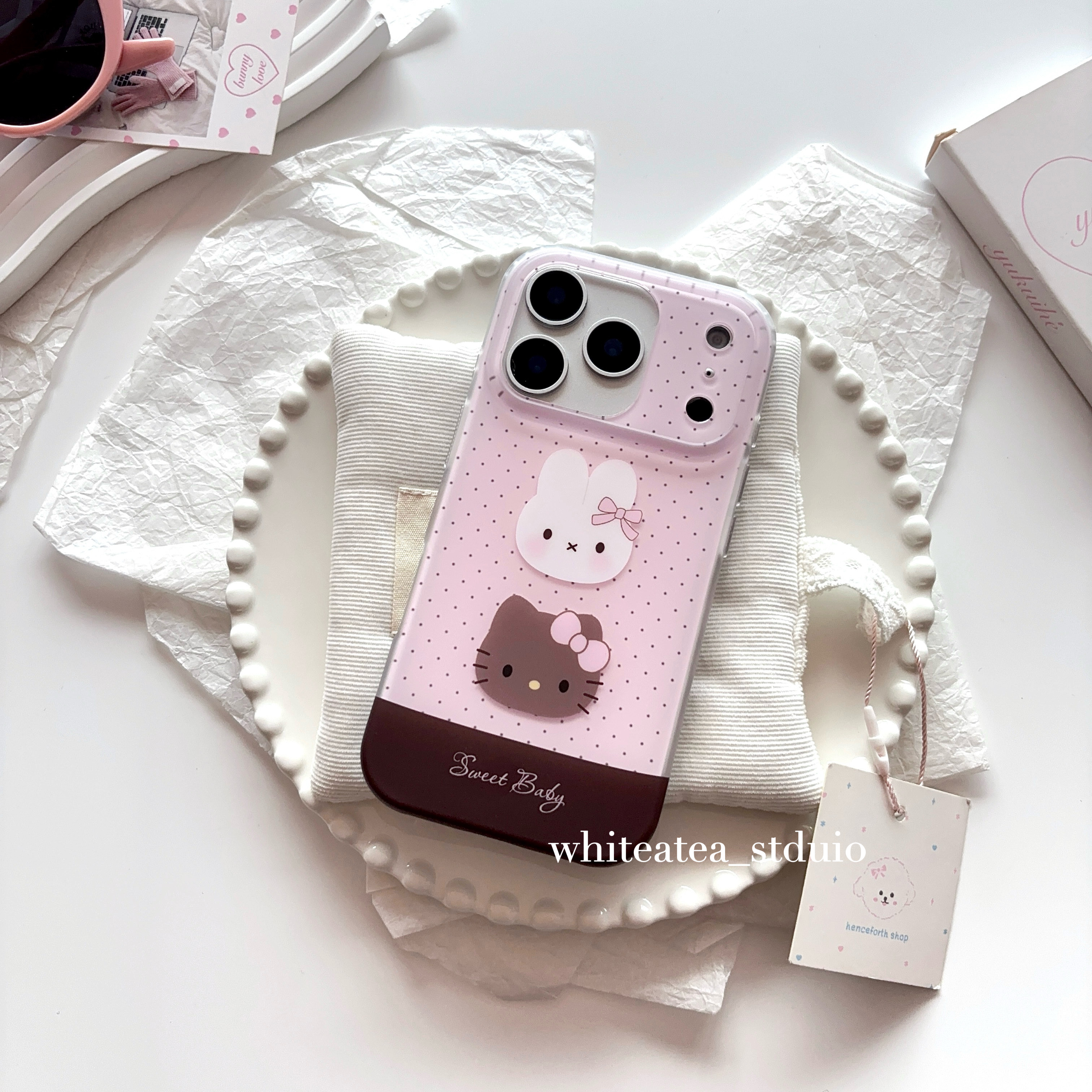 盐白茶ins清新粉棕拼接兔子猫咪头像肤感适用苹果17ProMax手机壳iPhone16小众15新款14高级感13可爱保护套夏