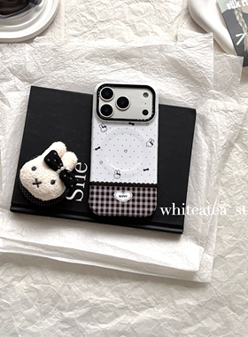 盐白茶ins简约白色小兔子黑格菲林肤感磁吸适用苹果17ProMax手机壳iPhone16小众15新款14高级感13保护套女秋