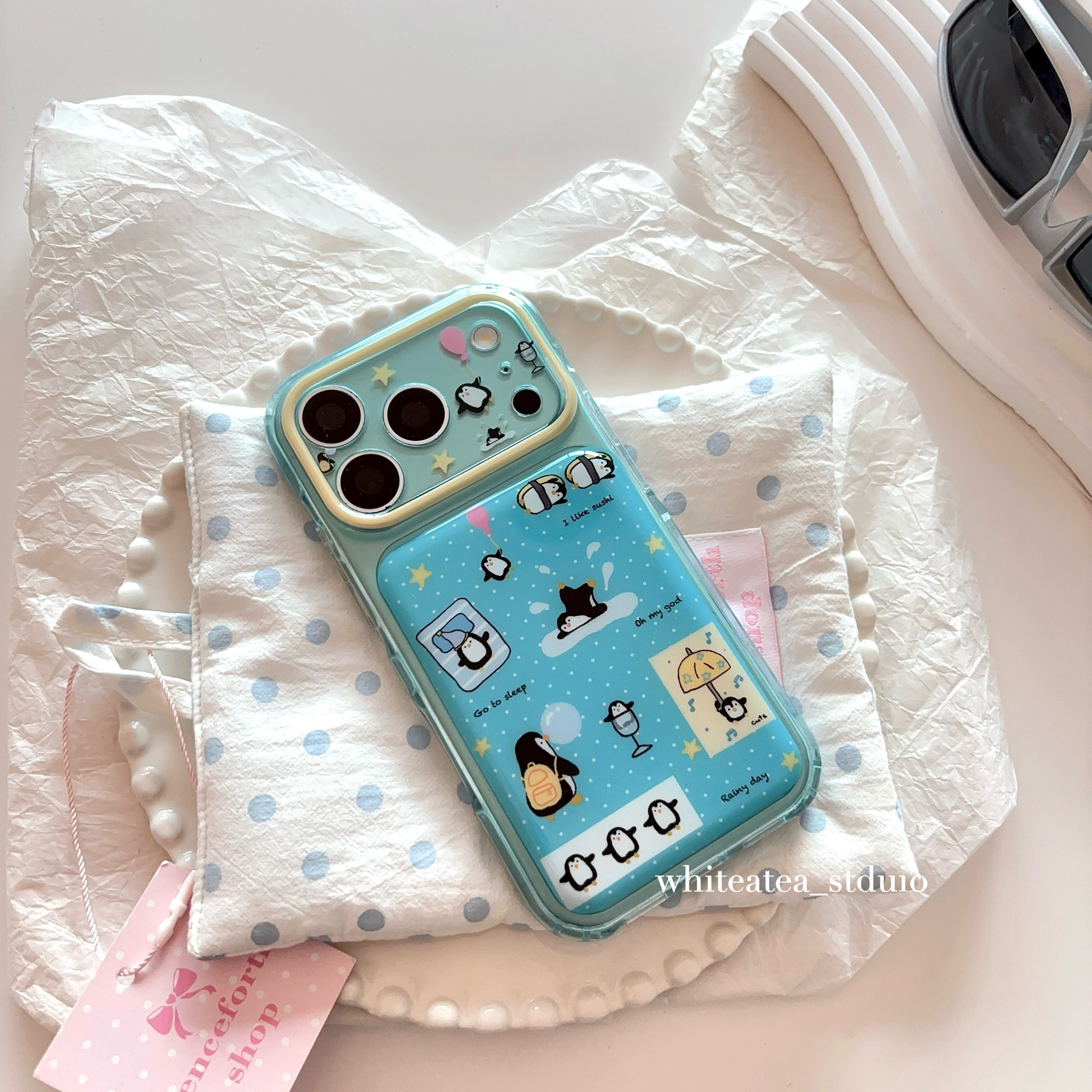 盐白茶ins清新蓝色背包寿司企鹅适用苹果17ProMax手机壳iPhone16小众15新款高级感可爱卡通保护套夏日少女心