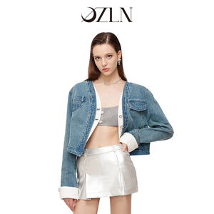 OZLN牛仔外套女弧形拼接门襟小众设计高级感短款外套2023初秋新品