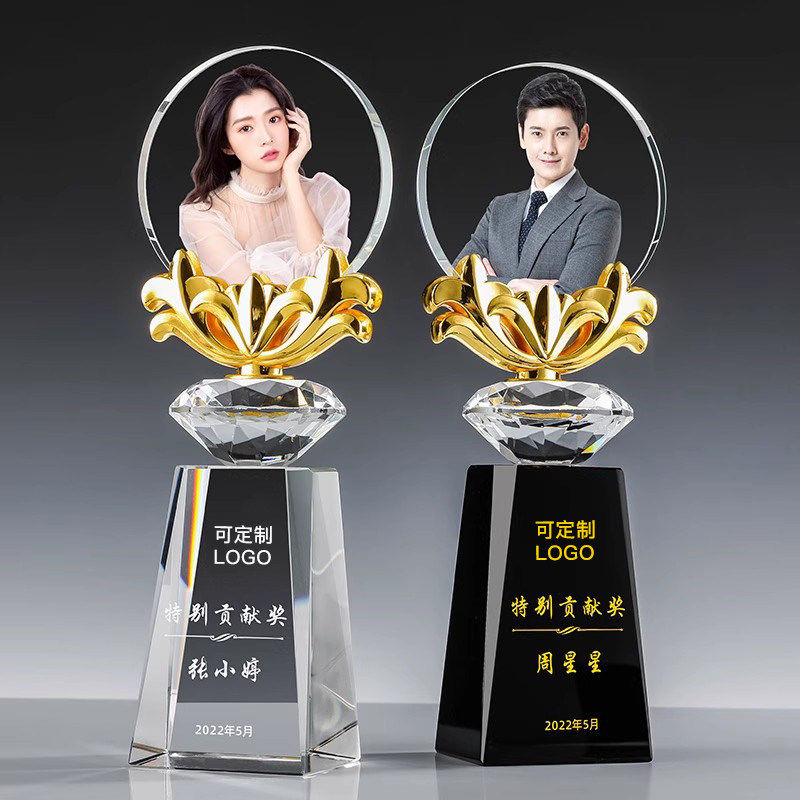 彩印人像水晶奖杯定制照片创意年会颁奖优秀员工新人销冠实木奖牌