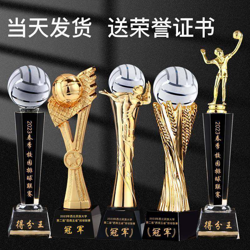 【送荣誉证书】排球水晶奖杯定制定制金属气排球比赛团体纪念品
