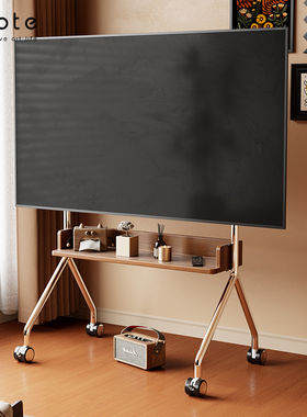 CABTE可移动电视机支架实木落地艺术推车55-85英寸不锈钢电视挂架