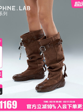 喻言同款DAPHNELAB 方糖系列皮带薄底堆堆靴游牧风西部靴复古女靴