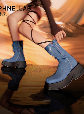 DAPHNELAB达芙妮方糖短靴厚底增高复古牛仔短靴口袋靴