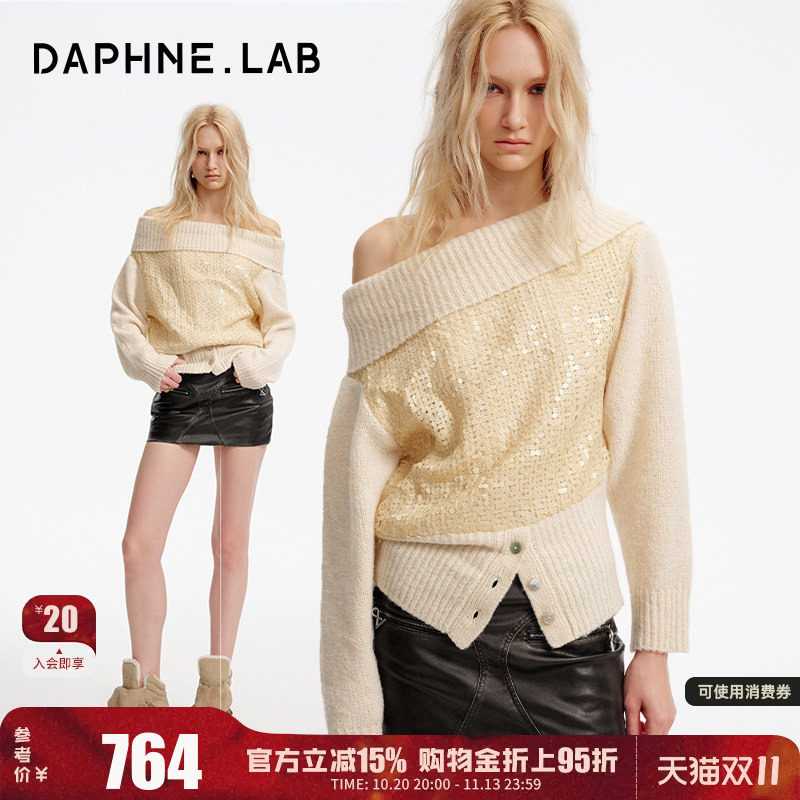 达芙妮lab斜肩翻领珠片毛衫