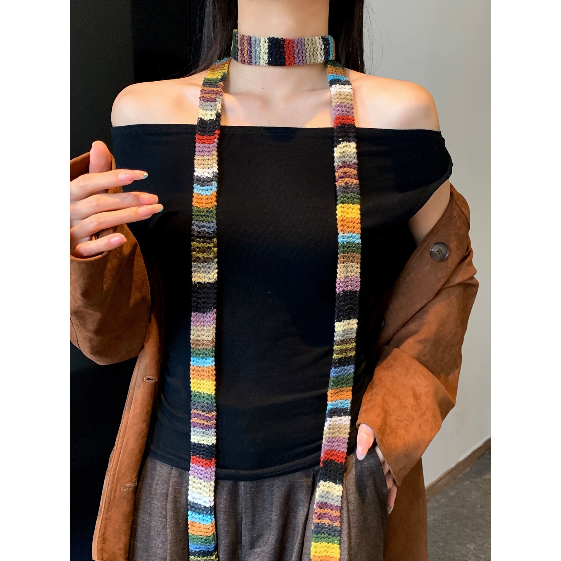 日系复古彩色小众针织细围巾女原宿风时髦多功能百搭细窄围脖配饰