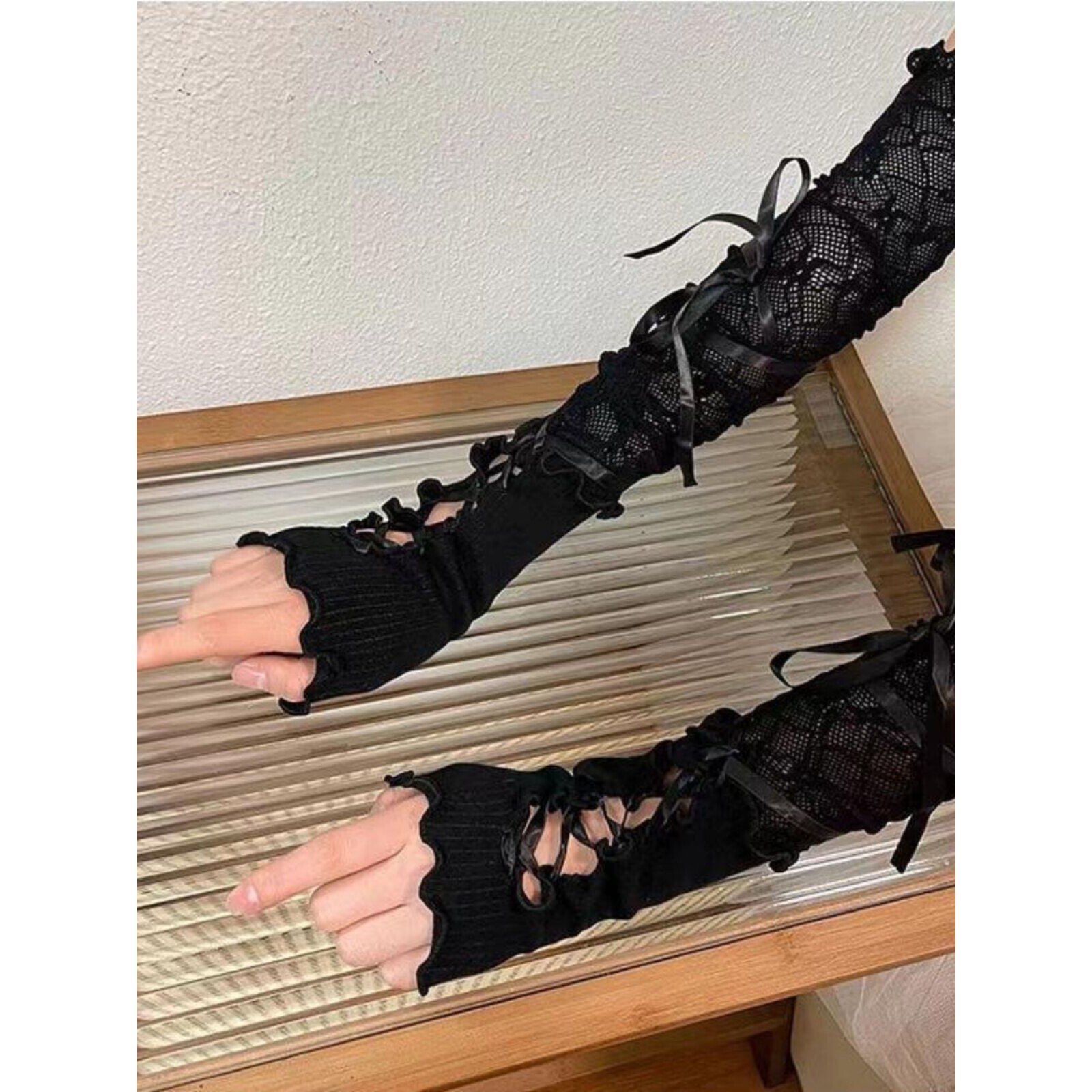 黑色长款手套lolita蕾丝手袖礼服舞蹈女士绑带袖套辣妹y2k洛丽塔