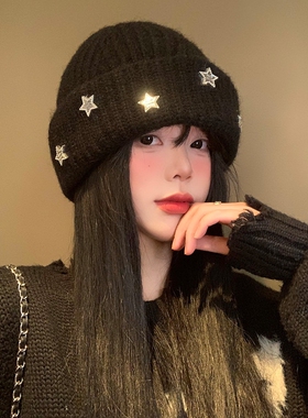 星星黑色针织帽女冬季韩版显脸小包头冷帽加厚保暖大头围毛线帽子