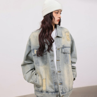 worxurnn 复古宽松百搭春秋牛仔外套 无须破洞潮牌嘻哈男女款