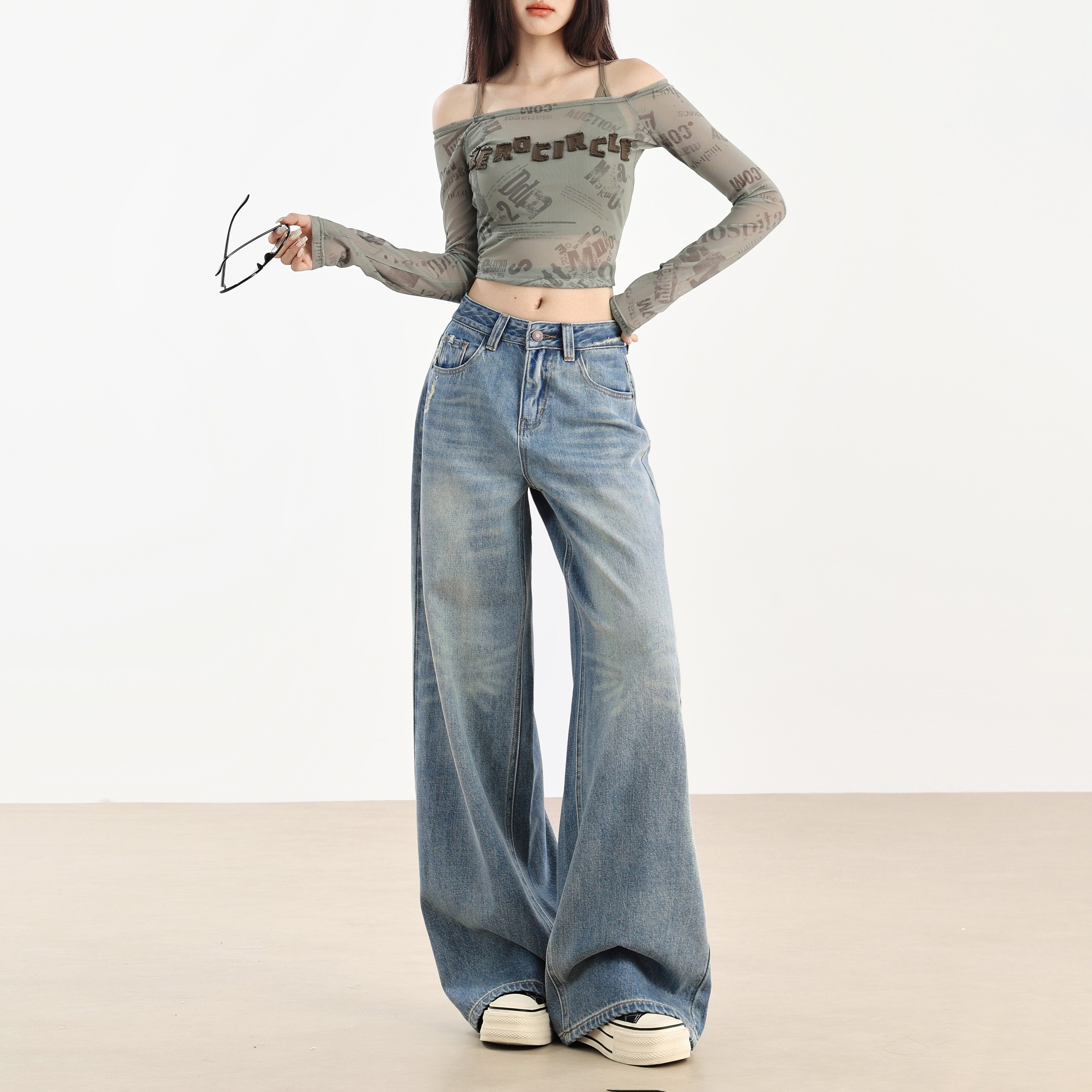 worxurnn/无须美式高腰阔腿烟花纹牛仔裤女2024秋季新款拖地长裤