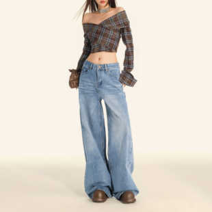 worxurnn/无须高腰阔腿牛仔裤女宽松垂感水洗直筒拖地裤