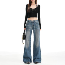 worxurnn/无须美式复古翘臀设计低腰显瘦微宽松无弹微喇牛仔裤女