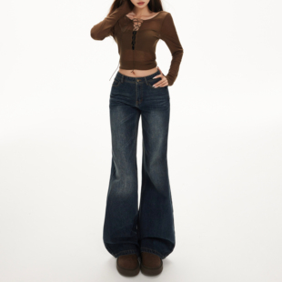 worxurnn/无须美式复古低腰喇叭裤修身显瘦猫纹垂感百搭牛仔裤女