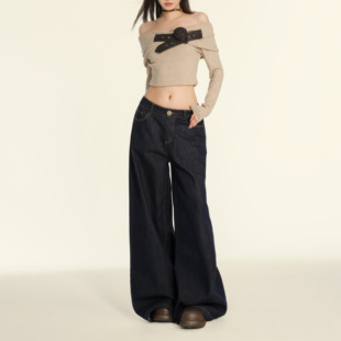 worxurnn/无须深蓝色垂感阔腿美式低腰遮胯宽松慵懒拖地裤