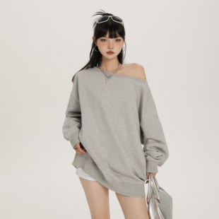 worxurnn 斜肩辣妹百搭冬慵懒风露肩套头卫衣 无须秋美式