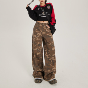 女 秋复古高腰迷彩蕾丝边宽松直筒阔腿牛仔裤 worxurnn 无须美式