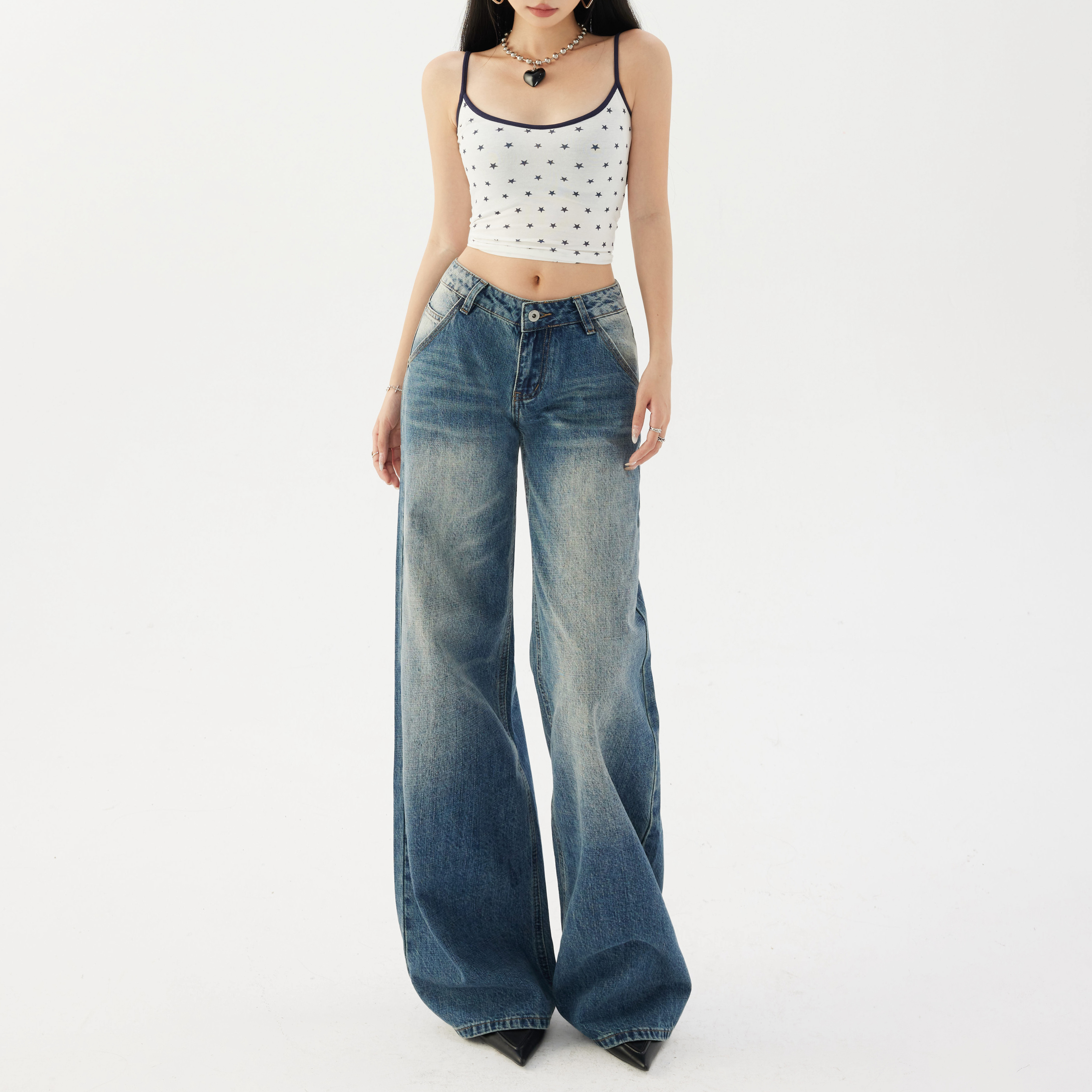 worxurnn/无须美式复古低腰辣妹宽松微喇裤百搭显瘦阔腿牛仔裤