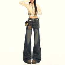 worxurnn/无须美式复古宽松高腰微喇裤女时尚气质百搭辣妹牛仔裤