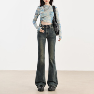 辣妹风女高腰显瘦微喇怀旧蓝秋拖地牛仔 韩版 worxurnn 无须美式