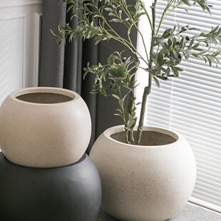 北欧镁泥落地大花盆极简圆球型软装特大花器客厅民宿商场别墅直销