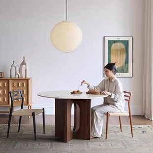 维可/中古风餐桌圆形白蜡木实木桌子小户型法式复古水磨石餐桌椅