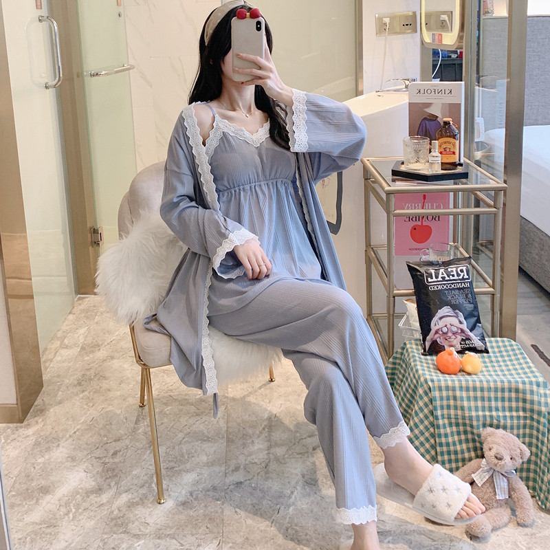 月子服纯棉产妇哺乳三件套装夏天孕妇H睡衣女春秋季产后喂奶带胸