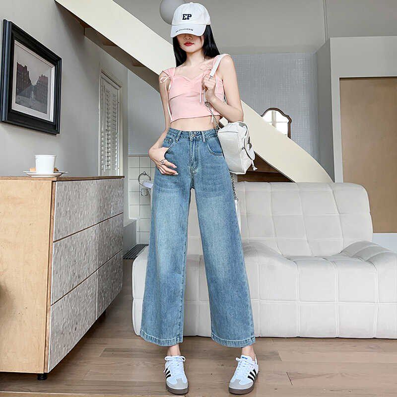 阔腿八分牛仔裤女夏季薄款小个子九分直筒宽松新款大码垂感裤子