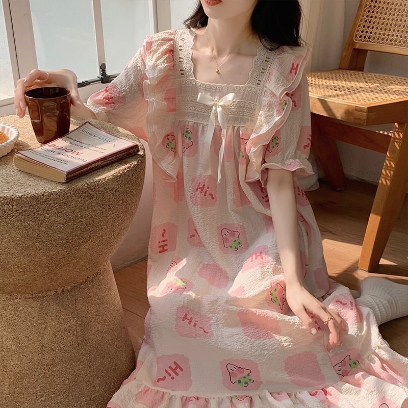 睡裙女夏季c中长款薄款泡泡皱棉公主风卡通可爱连衣裙子睡衣家居