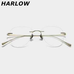 纯钛无框眼镜男款潮流日系近视可配度数散光蛤蟆素颜金丝女高级感