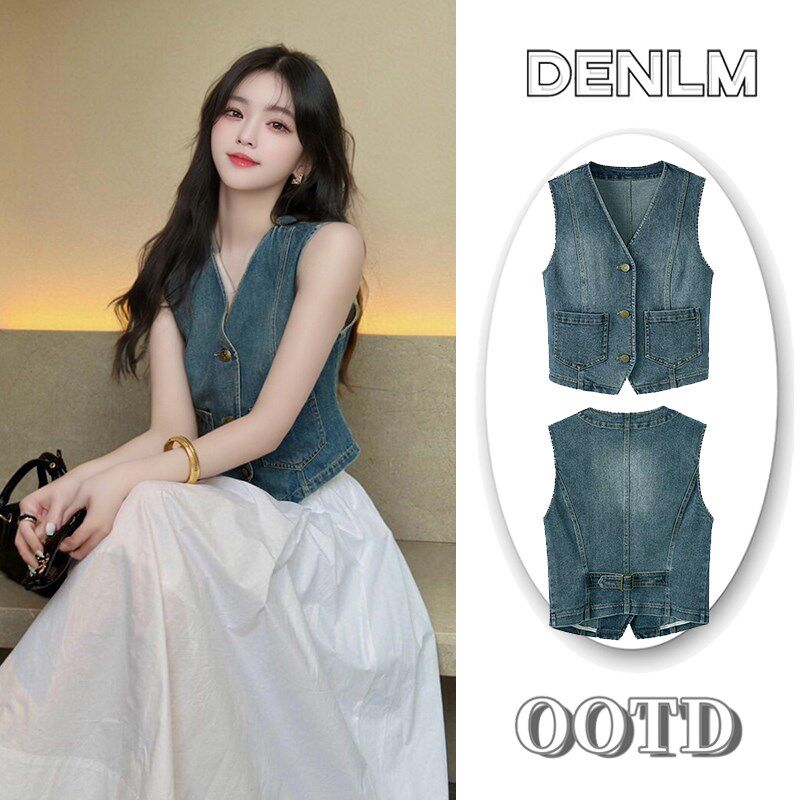 夏季新款韩版V领牛仔马甲女外穿复古薄款无袖坎肩背心外套上衣潮