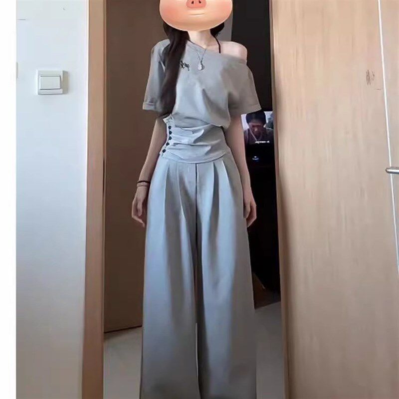 夏季多巴胺穿搭一整套轻熟风御姐高级感休闲斜肩上衣阔腿裤套装女