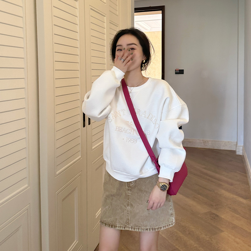 金苏一 白色刺绣卫衣女2023春季韩版宽松百搭休闲字母长袖上衣潮