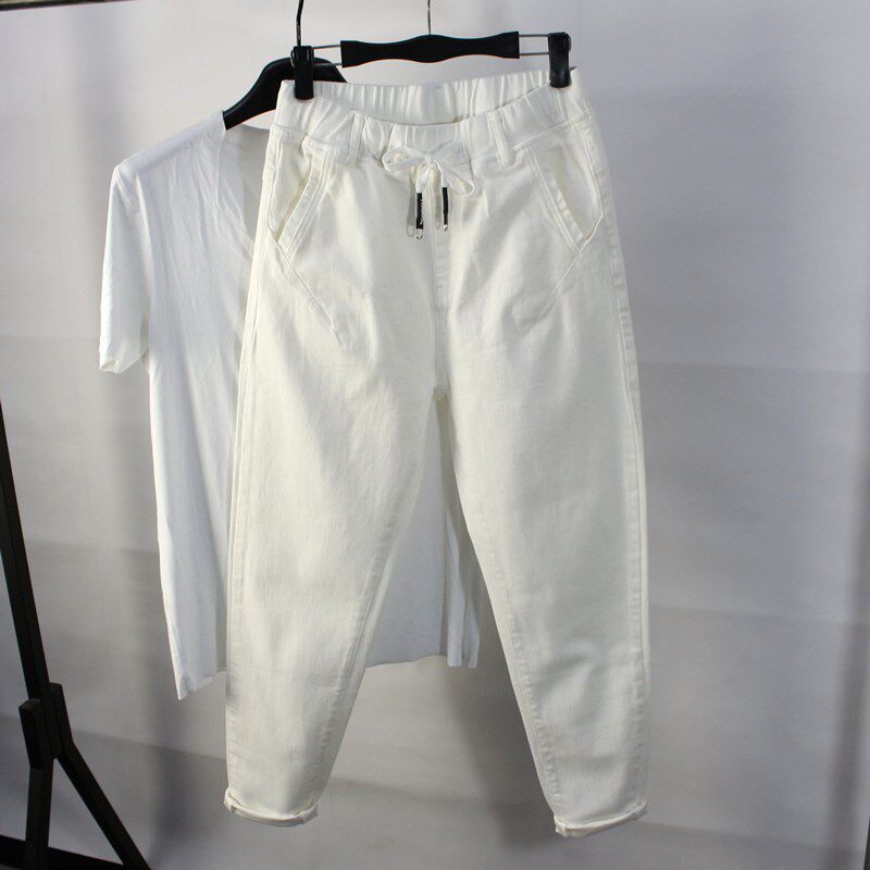 男哈伦牛仔裤小脚松紧腰大码宽松2022夏季新款抽绳白色九分裤弹力