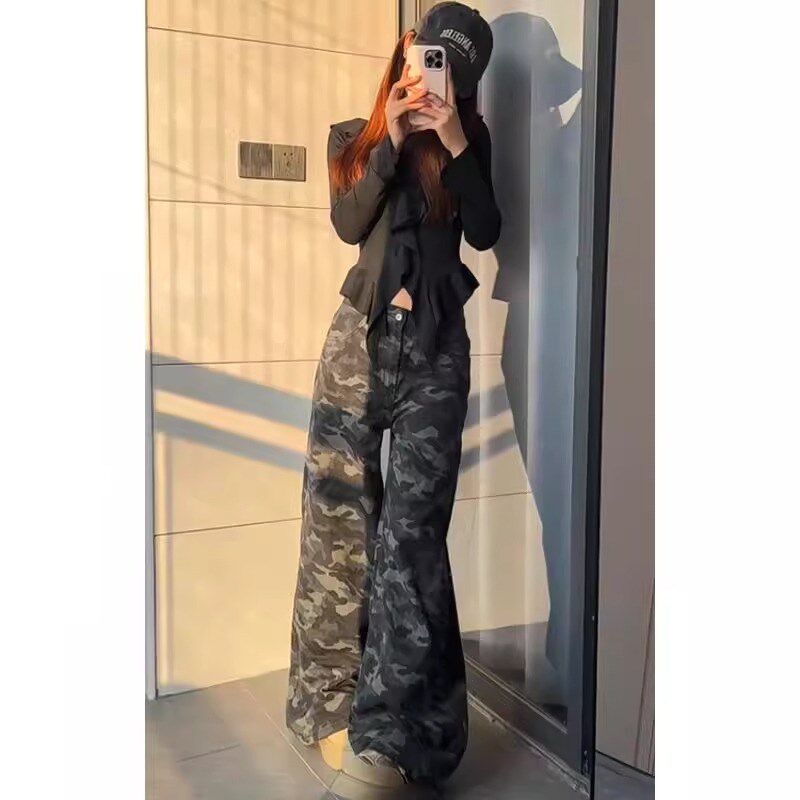 175高个子加长美式复古迷彩工装裤女春秋高腰爆款宽松阔腿拖地裤