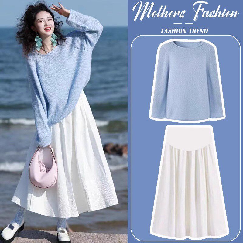 孕妇连衣裙套装秋冬2025新款温柔宽松H长袖圆领针织衫半身裙两件