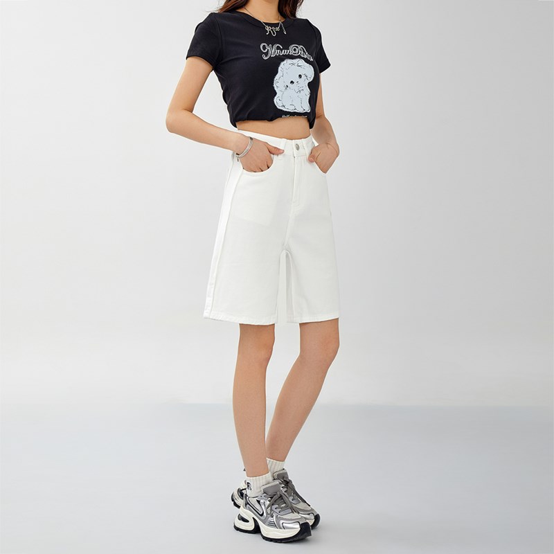 白色高腰牛仔短裤女夏季2025新款美式直筒宽松百搭五分阔腿中裤子