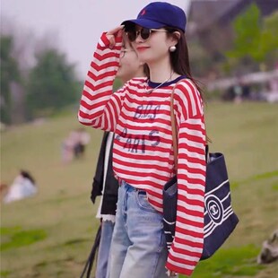 长袖t恤女条纹打底衫2025新款春夏韩版宽松高级感小个子防晒罩衫