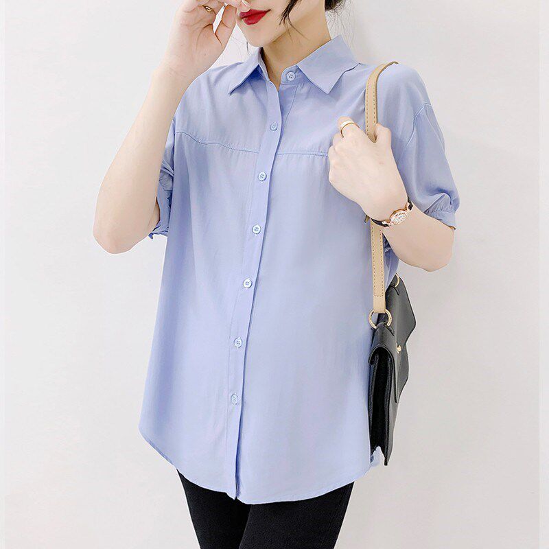 孕妇装春装蓝色长袖孕妇衬衫打底衬衣春秋季短袖职业孕妇雪纺上衣