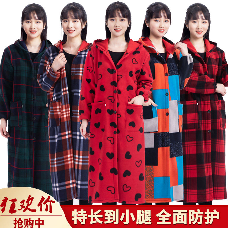 过膝长版罩衣女冬季成人加绒加厚时尚羽绒服外套工作服厨房围裙男