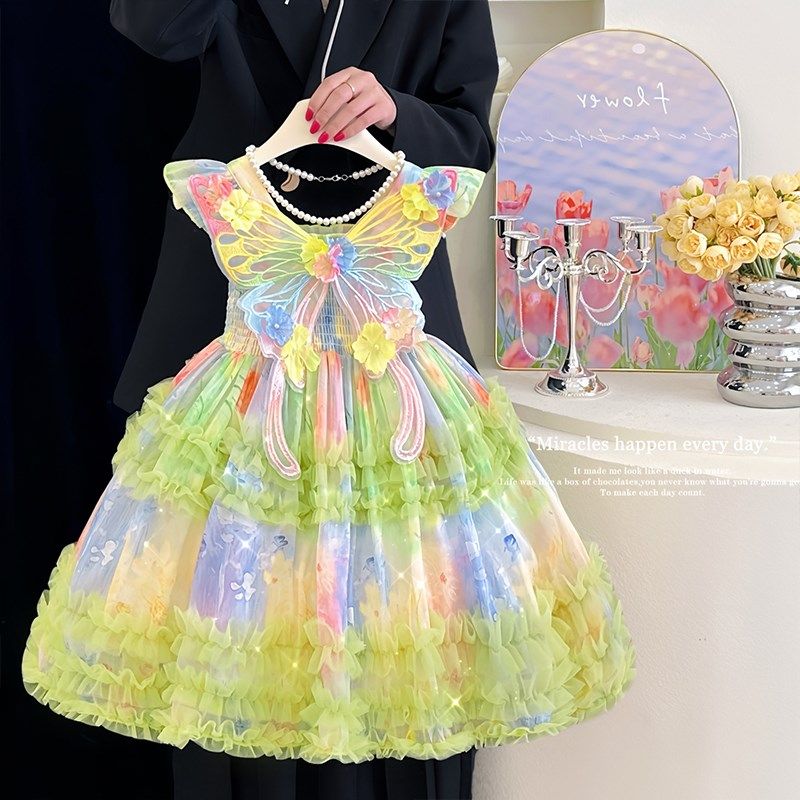 女童连衣裙夏季2025新款儿童洋气演出服公主裙女孩绿色带翅膀裙子