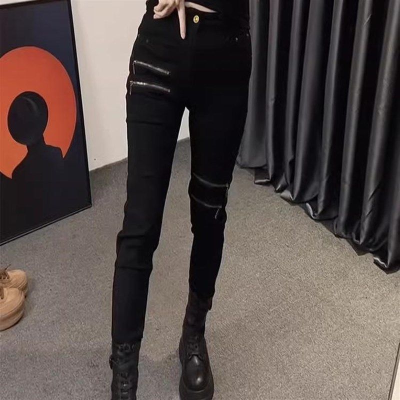 秋冬新款加绒弹力拉链小脚牛仔裤女大码胖妹妹美式机车显瘦铅笔裤