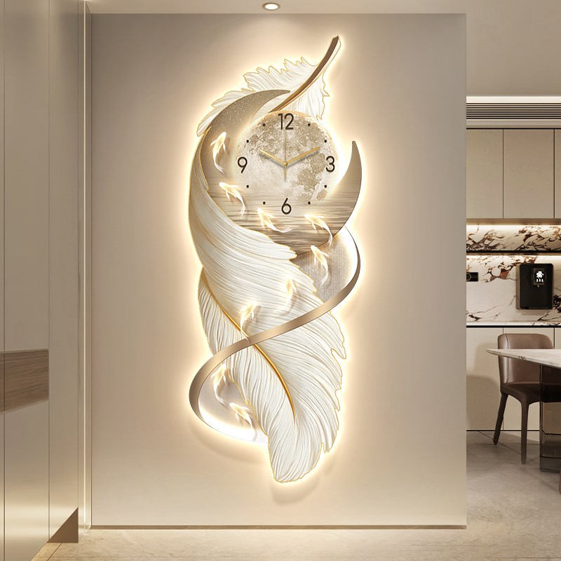 现代轻奢玄关装饰画带钟表高档羽毛走廊过道挂画九鱼图.入户壁灯图片