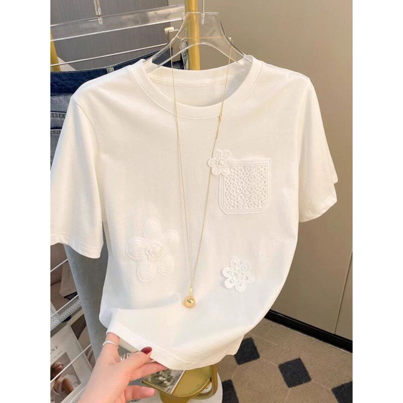 特大码300斤正肩白色重工刺绣重磅上衣男女装夏季宽松纯棉短袖T恤